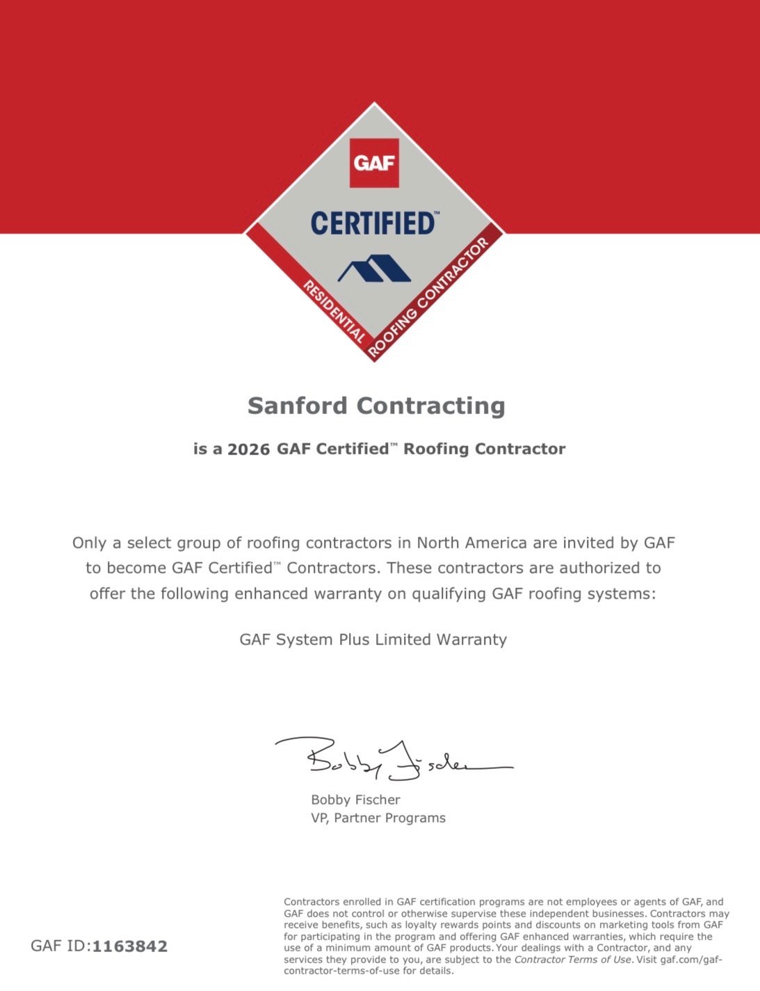 GAF Certified Roofing Contractor certificate - Sanford Contracting