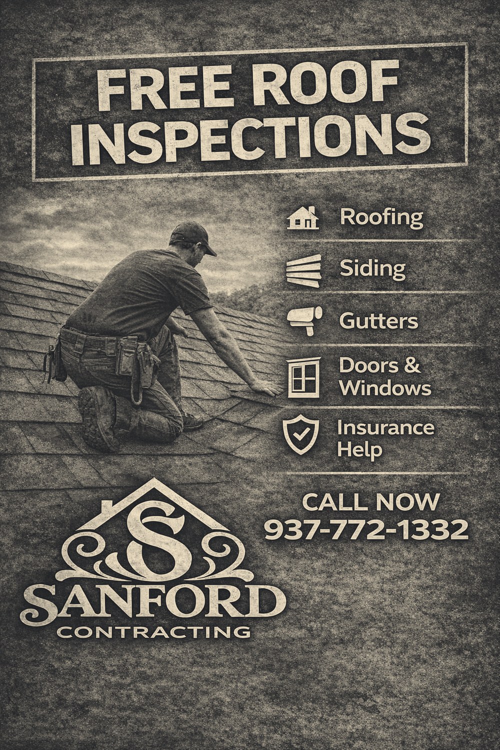Sanford Contracting free roof inspection flyer - roofing, siding, gutters, doors and windows, insurance help